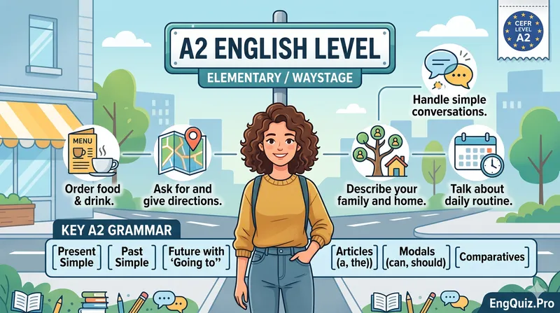 A2 English level on the CEFR scale, with an elementary learner skills overview